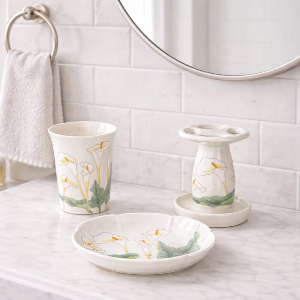 Vintage Calla Lily Bathroom Vanity Set, Toothbrush Holder, Soap Dish & Tumbler